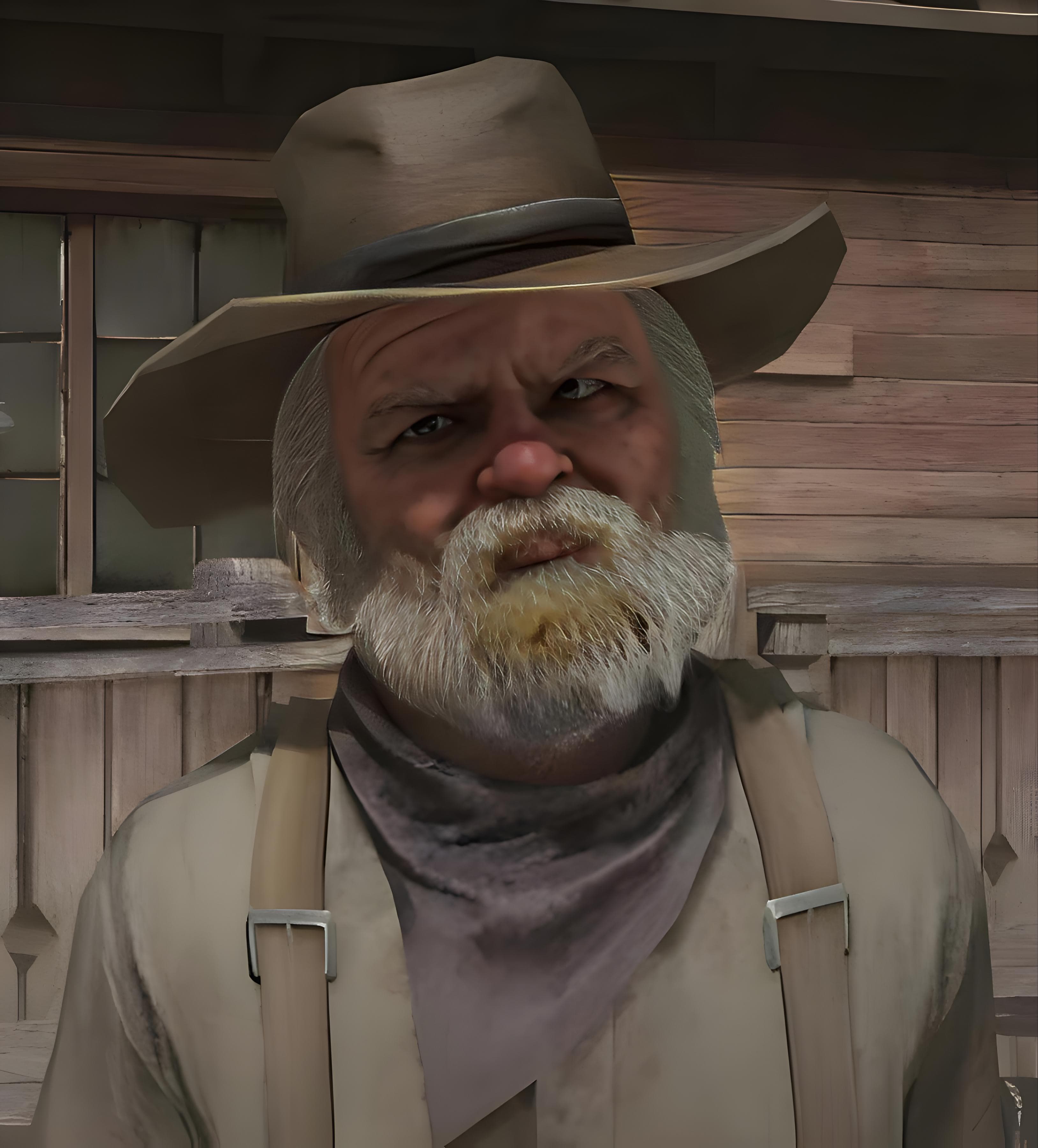 game cg, 1boy, annoyed, bandana, cowboy hat, cowboy western, hat, looking at viewer, old, old man, portrait, suspenders, uncle (red dead redemption), video game, white beard, wooden house