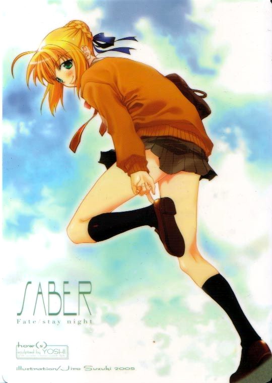 suzuki jirou, artoria pendragon (fate), saber (fate), fate/stay night, fate (series), 00s, 1girl, alternate costume, blonde hair, cloud, female focus, from below, green eyes, looking back, looking down, short hair, skirt, sky, solo, sweater
