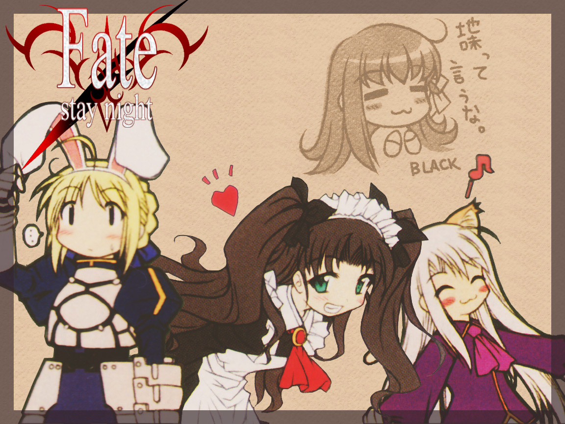 black (artist), artoria pendragon (fate), illyasviel von einzbern, matou sakura, saber (fate), tohsaka rin, fate/stay night, fate (series), …, 00s, 4girls, :3, = =, ^ ^, ahoge, animal ears, blonde hair, blush stickers, brown hair, cat ears, closed eyes, green eyes, grin, heart, kemonomimi mode, long hair, maid, maid headdress, multiple girls, musical note, quaver, rabbit ears, smile, spoken ellipsis, twintails, white hair