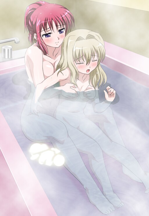 sanshita, aisia, shirakawa kotori, da capo, da capo i, 00s, 2girls, barefoot, bath, blush, breasts, closed eyes, feet, grabbing another's breast, green hair, groping, multiple girls, nude, partially submerged, purple eyes, red hair, small breasts, yuri