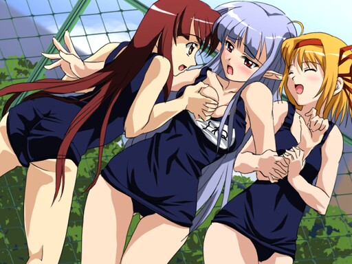 sanshita, fuyou kaede, lisianthus, nerine, shuffle!, arm grab, 00s, 3girls, ahoge, blue hair, blush, breasts, chain-link fence, cleavage, closed eyes, day, dutch angle, female focus, fence, grabbing another's breast, groping, hairband, large breasts, long hair, multiple girls, name tag, one-piece swimsuit, open mouth, orange hair, outdoors, pointy ears, red hair, school swimsuit, short hair, swimsuit, thigh gap, thighs, very long hair, yuri