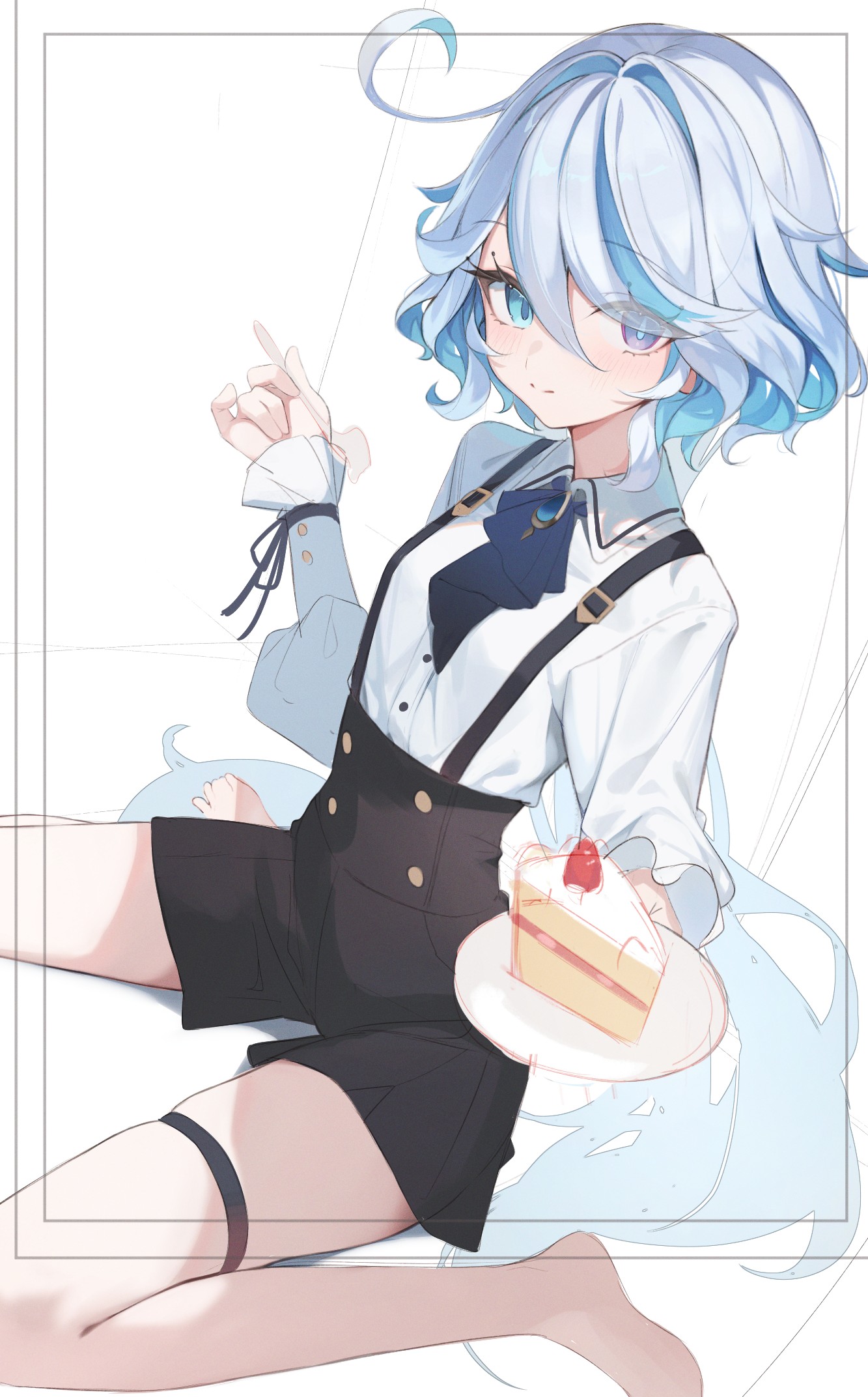 lumo 1121, furina (genshin impact), genshin impact, highres, 1girl, ahoge, alternate costume, ascot, barefoot, black shorts, blue ascot, blue eyes, blue gemstone, blue hair, cake, cake slice, collared shirt, drop-shaped pupils, eating, eyelash ornament, food, frilled sleeves, frills, gem, hair between eyes, heterochromia, multicolored hair, ouji fashion, shirt, shorts, smile, solo, streaked hair, suspender shorts, suspenders, symbol-shaped pupils, thigh strap, white background, white hair, white shirt