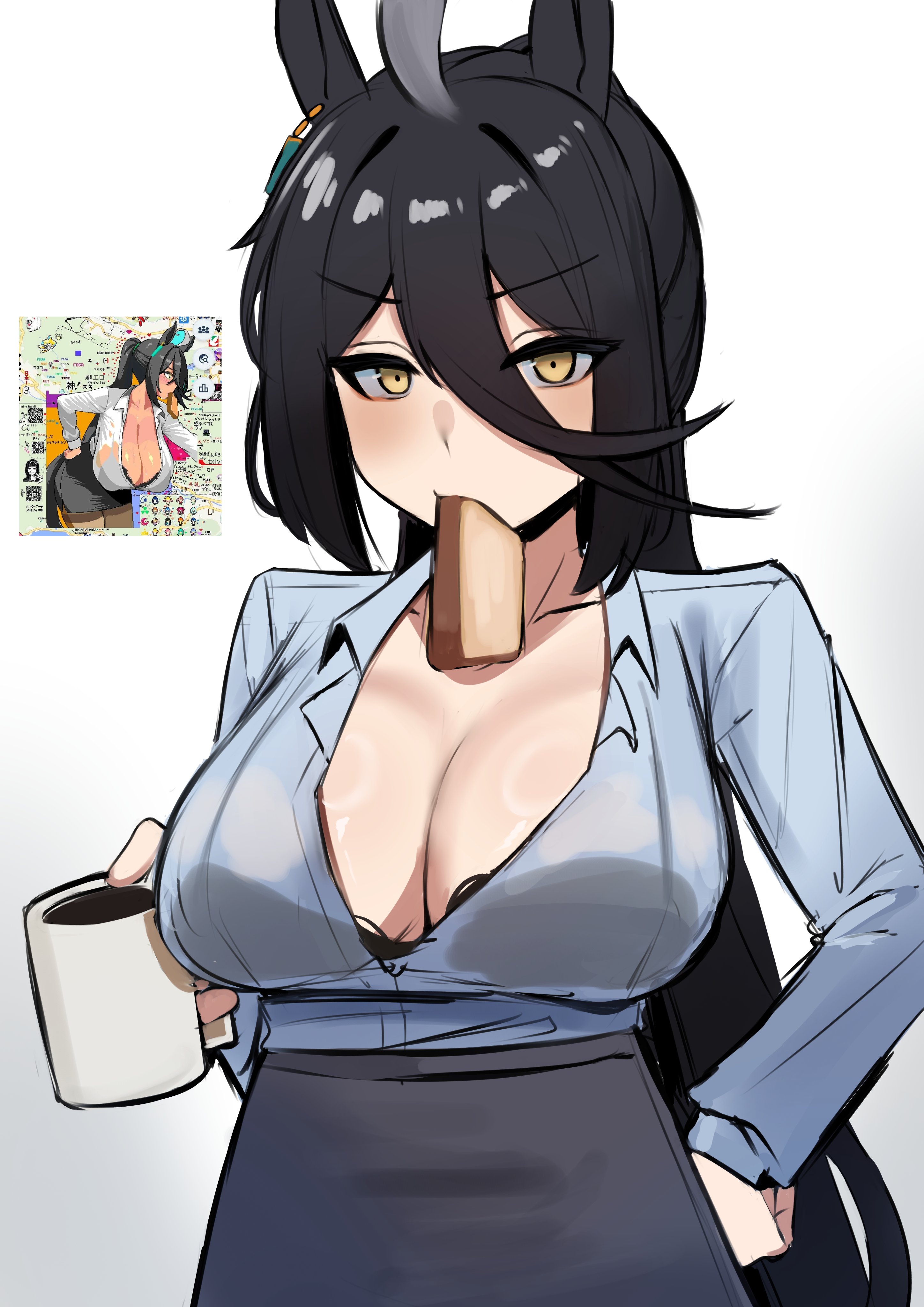 iog626, manhattan cafe (umamusume), umamusume, absurdres, highres, 1girl, ahoge, animal ears, black hair, black skirt, blue shirt, bread, bread slice, breasts, coffee, coffee mug, cup, ear tag, food, food in mouth, grey hair, holding, holding cup, horse ears, horse girl, large breasts, long hair, looking at viewer, mouth hold, mug, multicolored hair, office lady, screenshot inset, shirt, skirt, solo, toast, toast in mouth, two-tone hair, very long hair, wplace, yellow eyes