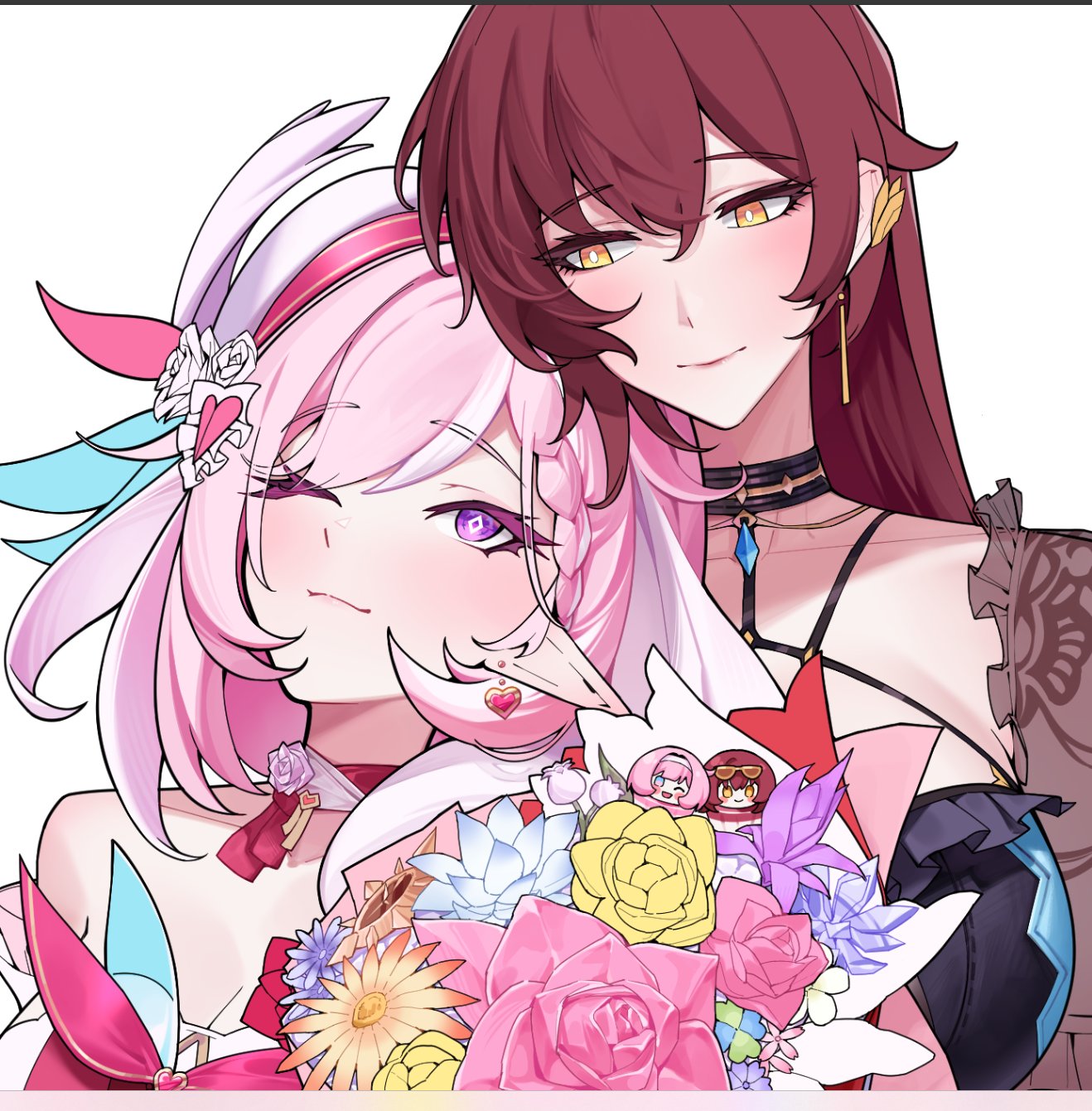 dyadyadya, eden (flowing rhyme) (honkai impact), eden (honkai impact), elysia (honkai impact), honkai (series), honkai impact 3rd, commentary, highres, unfinished, 2girls, bare shoulders, bouquet, braid, breasts, bright pupils, brown hair, closed mouth, collarbone, diamond-shaped pupils, diamond (shape), earrings, flower, hair between eyes, hair ornament, heart, heart earrings, jewelry, large breasts, long hair, looking at another, looking up, multicolored hair, multiple girls, official alternate costume, one eye closed, pink hair, pointy ears, purple eyes, simple background, smile, streaked hair, symbol-shaped pupils, white background, white pupils, yellow eyes, yuri