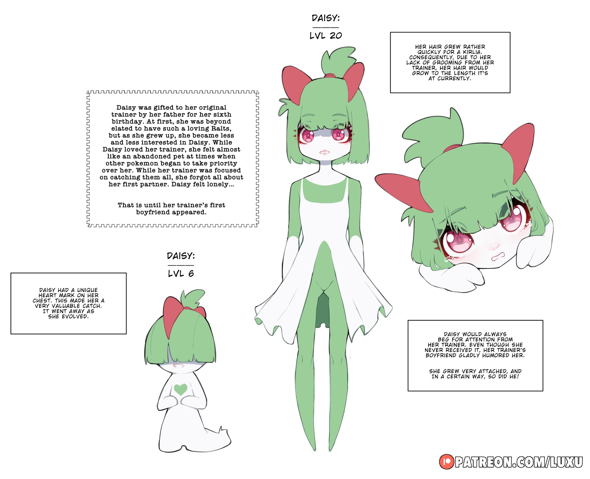 luxu, daisy (luxu), kirlia, ralts, nintendo, pokemon, highres, artist name, colored skin, dual persona, gen 3 pokemon, green skin, hair over eyes, heart, horns, multicolored skin, patreon username, pink eyes, pokemon (creature), simple background, two-tone skin, white background, white skin