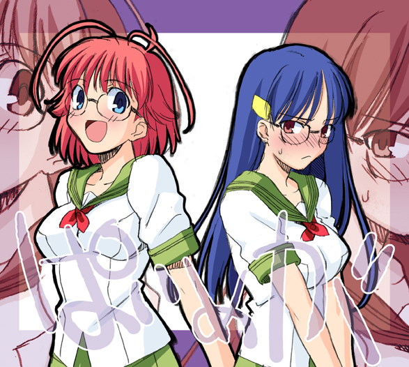 takeuchi takashi, hibino shizuru, wakamiya kanade, futari wa precure, paimega, precure, 00s, 2girls, antenna hair, blue eyes, blue hair, blush, breasts, glasses, hair ornament, hairclip, long hair, medium breasts, multiple girls, red eyes, red hair, school uniform, serafuku, short hair, small breasts