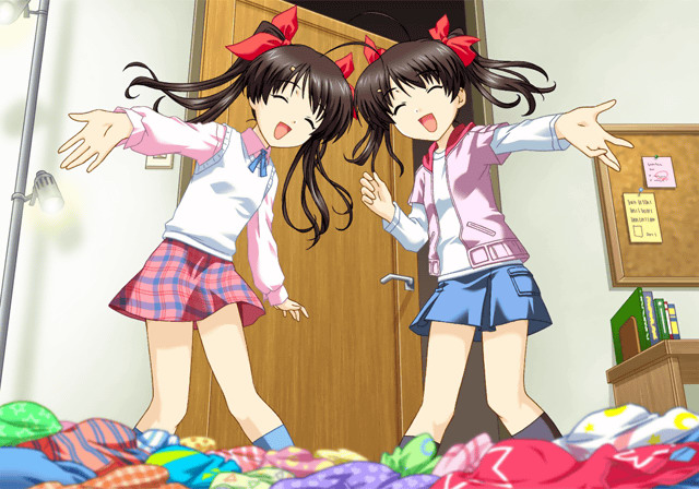 hinagiku lala, hinagiku lulu, futakoi, 00s, 2girls, ahoge, black hair, bow, closed eyes, clothes on floor, hair bow, happy, indoors, jacket, long hair, multiple girls, plaid clothes, plaid skirt, siblings, sisters, skirt, twins, twintails, unworn clothes, vest