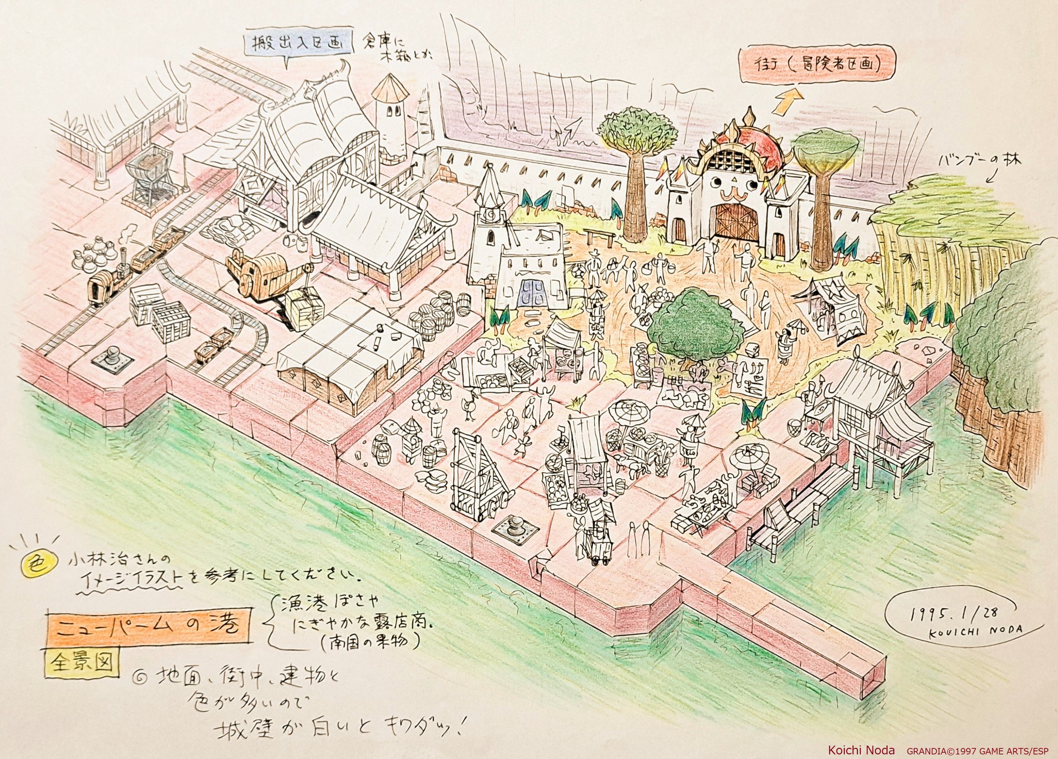koichi noda, grandia, grandia i, highres, official art, crane (machine), house, multiple boys, railroad tracks, town, train, tree, water