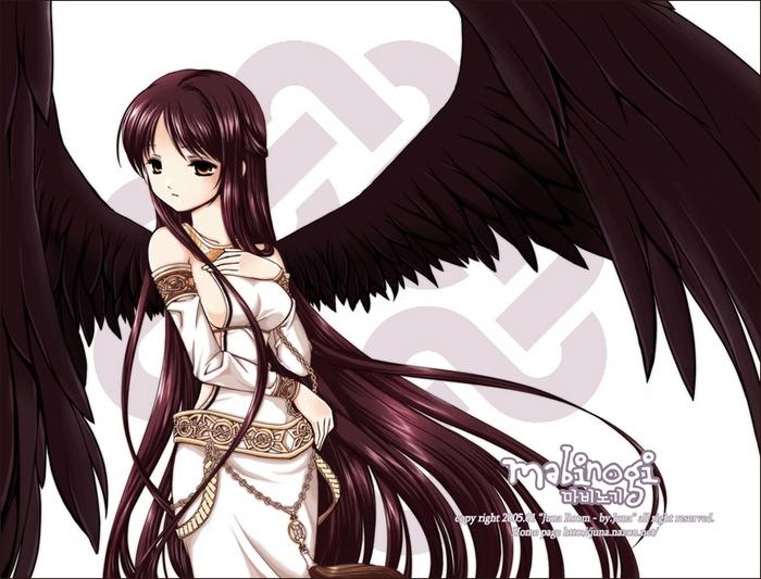 juna, morrighan, mabinogi, 1girl, armlet, breasts, brown hair, copyright name, detached sleeves, female focus, goddess (mabinogi), half updo, jewelry, long hair, medium breasts, sideboob, solo, very long hair, wings, yellow eyes