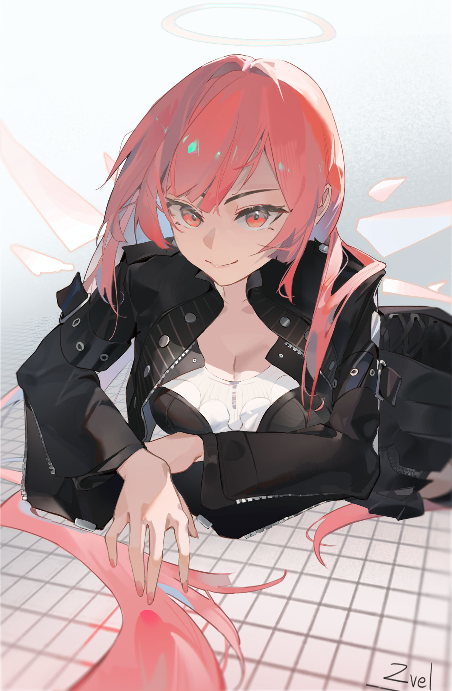 lemuen (arknights), arknights, chinese commentary, commentary request, highres, 1girl, artist name, black jacket, breasts, cleavage, closed mouth, colored inner hair, detached wings, fingernails, gradient background, grey background, grey hair, jacket, long hair, long sleeves, looking at viewer, lying, medium breasts, multicolored hair, open clothes, open jacket, pink eyes, pink hair, signature, smile, solo, very long hair, white background, wings, zipper, zvel