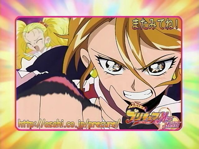 cure black, kujou hikari, misumi nagisa, shiny luminous, futari wa precure, futari wa precure max heart, precure, anime screenshot, 00s, 2girls, blonde hair, brown hair, earrings, jewelry, magical girl, multiple girls