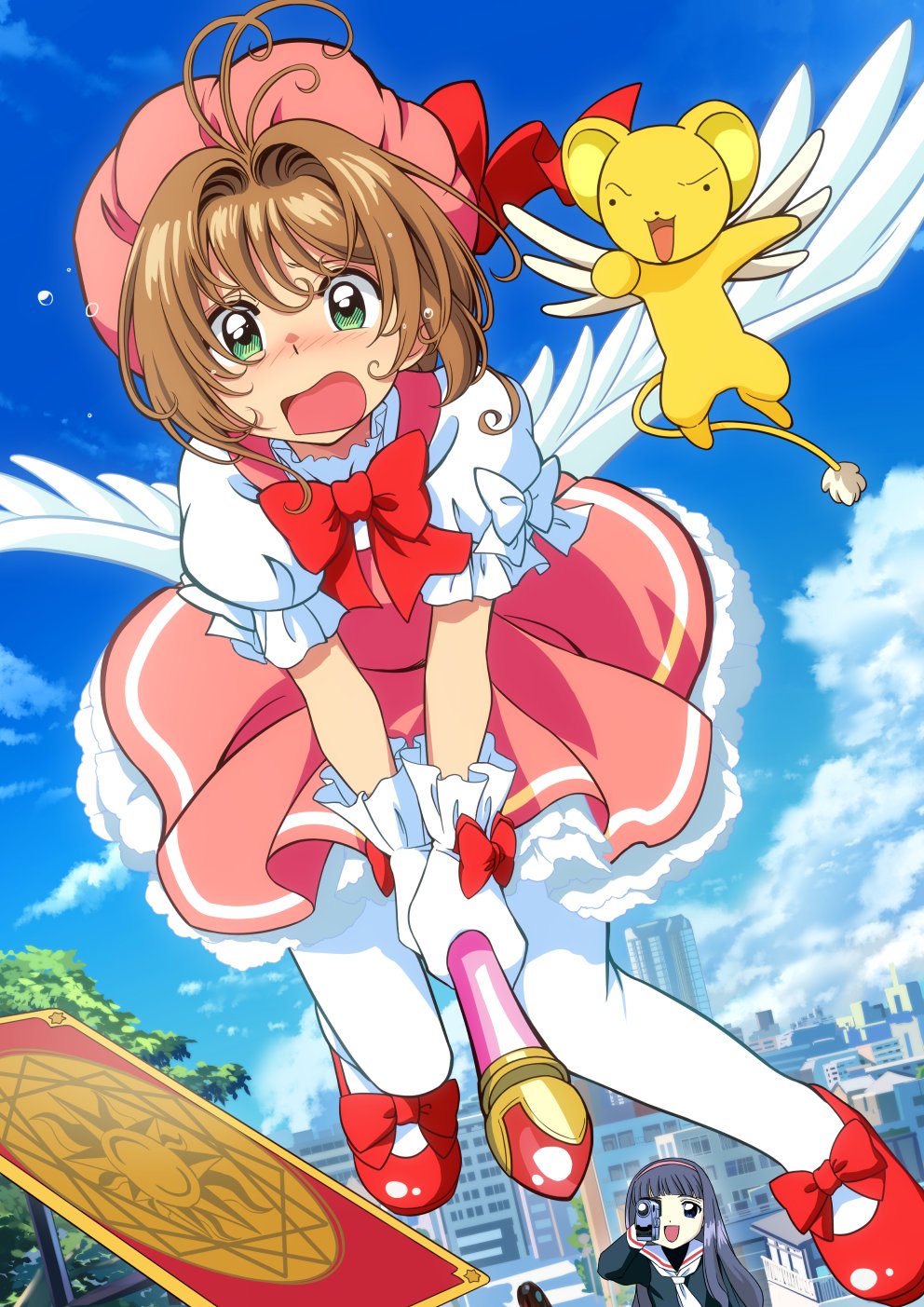 gesugesu ahoaho, clow card, daidouji tomoyo, kero (cardcaptor sakura), kinomoto sakura, kinomoto sakura (magician), cardcaptor sakura, hashtag-only commentary, highres, 2girls, :d, black hair, blue sky, blunt bangs, blush, bow, brown hair, camcorder, camera, cityscape, cloud, dress, flying, footwear bow, fuuin no tsue, gloves, green eyes, hat, hat bow, hat ribbon, holding, holding camera, long hair, magical girl, mary janes, multiple girls, neckerchief, open mouth, outdoors, pantyhose, pink hat, puffy short sleeves, puffy sleeves, recording, red bow, red ribbon, red shoes, ribbon, sailor collar, school uniform, shoes, short hair, short sleeves, sky, smile, tomoeda elementary school uniform, tree, video camera, white gloves, white neckerchief, white pantyhose, white sailor collar