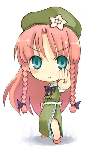 kito (sorahate), hong meiling, immaterial and missing power, touhou, lowres, 1girl, :<, aqua eyes, bow, braid, chibi, chibi only, china dress, chinese clothes, clenched hand, dress, female focus, fighting stance, frown, hair bow, hat, long hair, pink hair, solo, star (symbol), twin braids