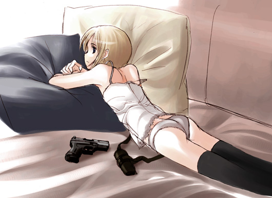 rico (gunslinger girl), gunslinger girl, walther, 00s, ass, back, black thighhighs, blonde hair, camisole, flat chest, gun, handgun, holster, lingerie, looking back, lying, on stomach, panties, pistol, semi-automatic pistol, short hair, solo, thighhighs, underwear, walther p99, weapon, white panties