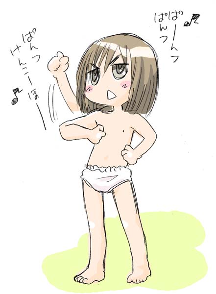 henrietta (gunslinger girl), gunslinger girl, 00s, 1girl, :<, bob cut, female focus, flat chest, panties, solo, topless female, triangle mouth, underwear, white panties