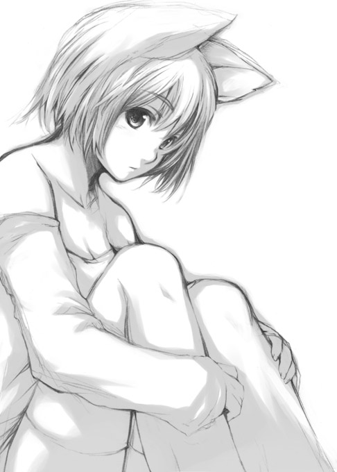 fujishima, fujishima (raving phantom), original, 1girl, animal ears, cat ears, female focus, greyscale, hugging own legs, long sleeves, monochrome, short hair, solo, thighhighs