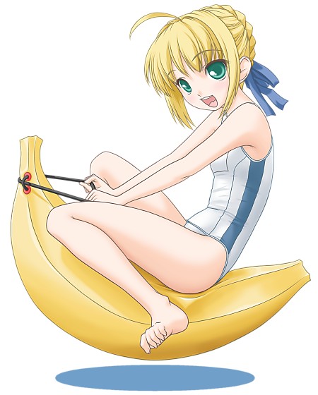 t2r, artoria pendragon (fate), saber (fate), fate/stay night, fate (series), 00s, 1girl, ahoge, alternate costume, banana, banana boat, bananaboat, barefoot, blonde hair, feet, female focus, food, fruit, green eyes, hair ribbon, on banana, one-piece swimsuit, ribbon, riding, school swimsuit, sitting, solo, swimsuit, white one-piece swimsuit, white school swimsuit