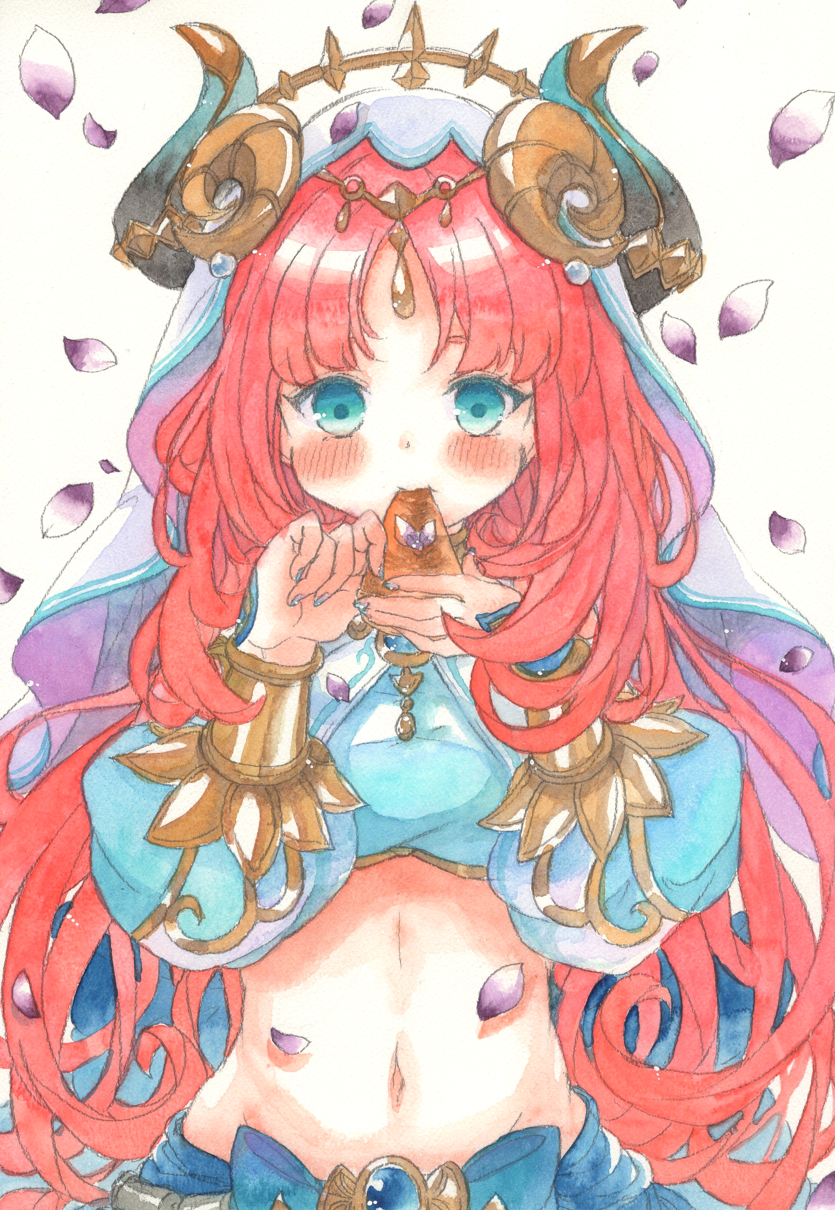 fina (sa47rin5), nilou (genshin impact), genshin impact, absurdres, commentary request, highres, partial commentary, 1girl, aqua eyes, black horns, blue skirt, blush, crop top, eating, fake horns, falling petals, gold trim, harem outfit, horns, long hair, long sleeves, looking at viewer, midriff, navel, petals, puffy long sleeves, puffy sleeves, purple petals, red hair, simple background, skirt, solo, stomach, upper body, veil, white background, white veil