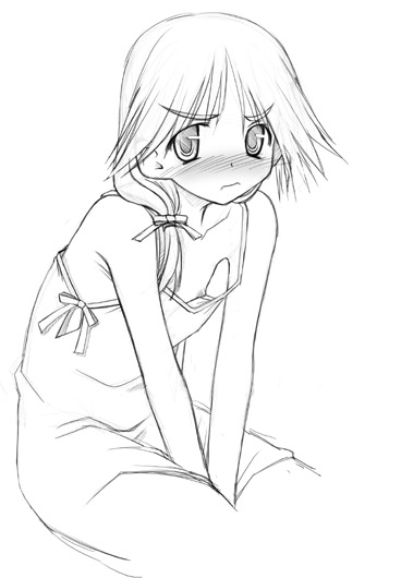 sakuya tsuitachi, komaki ikuno, to heart (series), to heart 2, 00s, 1girl, blush, downblouse, female focus, flat chest, greyscale, looking at viewer, monochrome, nipple slip, nipples, no bra, simple background, solo, white background