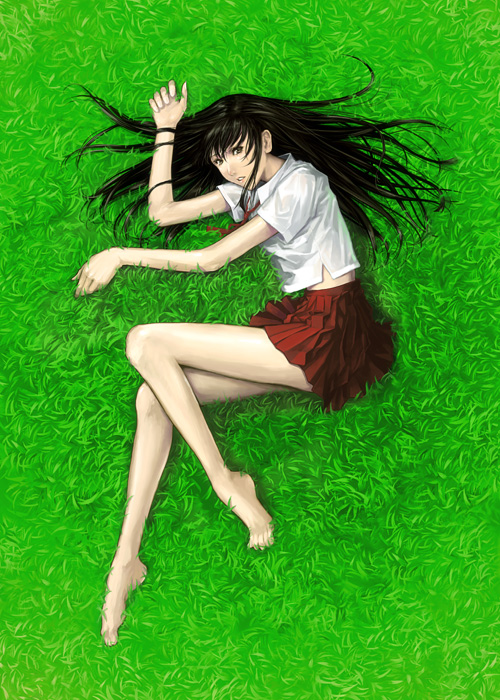 mitsunari (angel's eye), original, 1girl, barefoot, black hair, female focus, full body, grass, legs, long hair, lying, outdoors, pleated skirt, school uniform, serafuku, skirt, solo