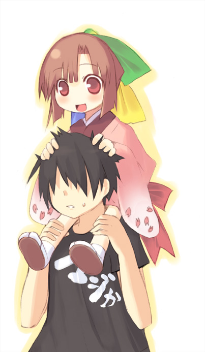 kashiwamochi yomogi, 95-tan, os-tan, 1boy, 1girl, age difference, carrying, japanese clothes, shoulder carry, sweatdrop