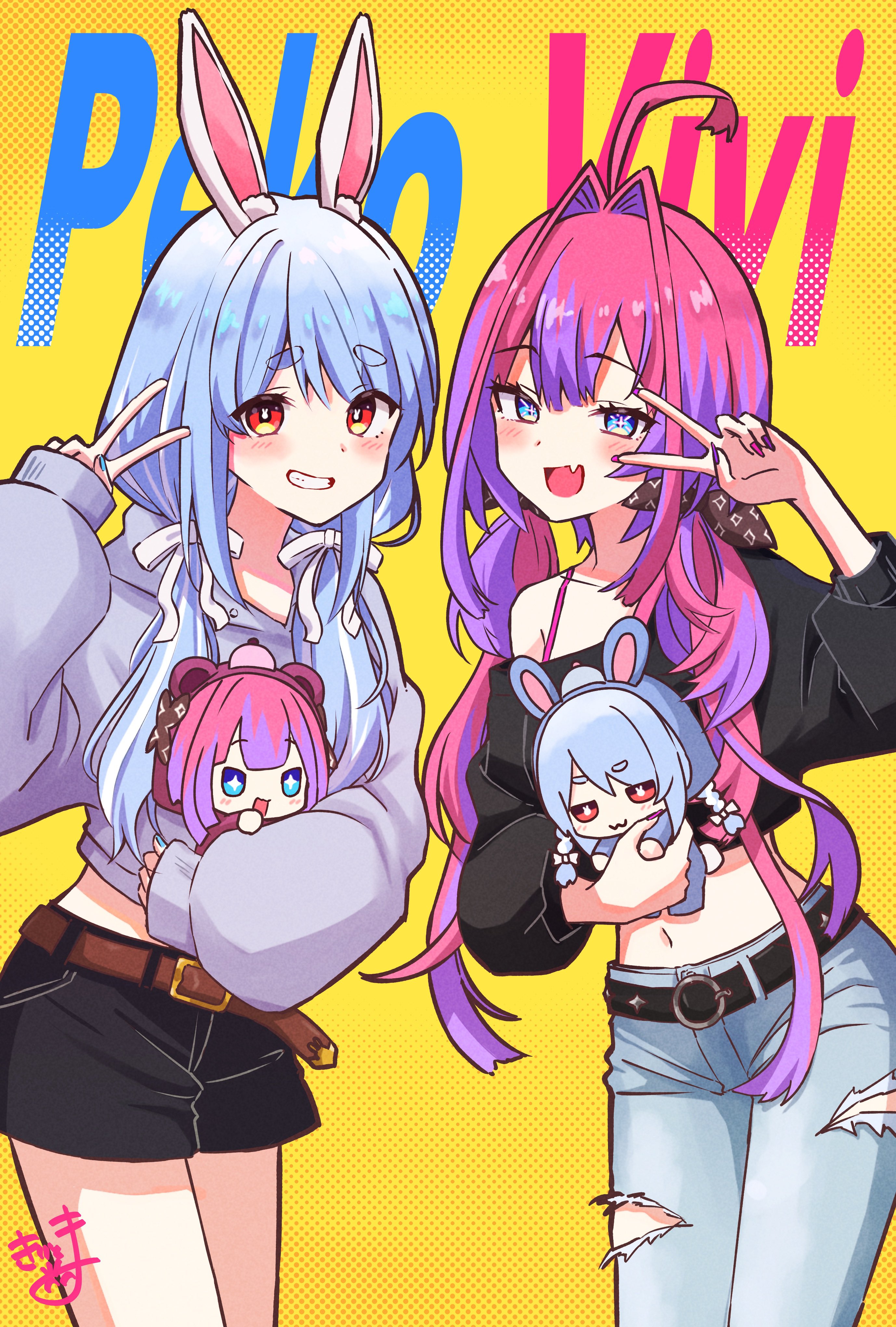 kiritoma, kikirara vivi, usada pekora, hololive, absurdres, commentary request, highres, + +, 2girls, :3, :d, ahoge, animal costume, animal ear fluff, animal ears, bear costume, bear ears, belt, belt buckle, black belt, black shirt, black shorts, blue eyes, blue hair, blue nails, blue pants, blush, bow, brown belt, buckle, character name, chibi, closed mouth, denim, fake animal ears, grin, hair bow, hair intakes, hand up, hood, hood up, jeans, long hair, long sleeves, low twintails, mini person, minigirl, multicolored hair, multiple girls, nail polish, off shoulder, open mouth, pants, pink hair, pink nails, puffy long sleeves, puffy sleeves, purple hair, rabbit-shaped pupils, rabbit ears, red eyes, shirt, short eyebrows, shorts, sleeves past wrists, smile, streaked hair, symbol-shaped pupils, thick eyebrows, torn clothes, torn pants, twintails, two-tone hair, v, v over eye, very long hair, virtual youtuber, white bow, white hair, yellow background