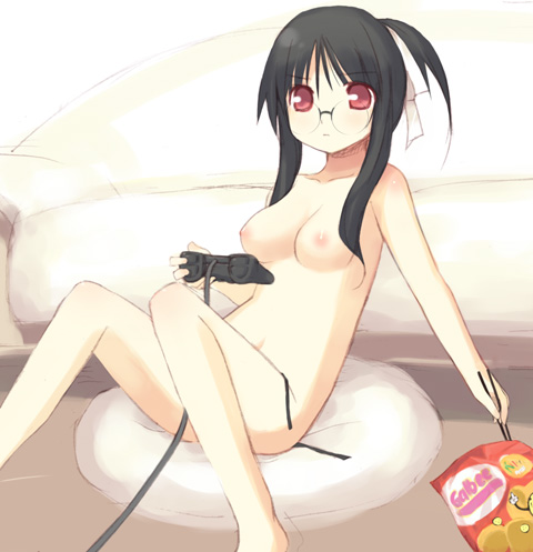 kashiwamochi yomogi, arima senne, original, lowres, 1girl, black hair, black panties, breasts, casual nudity, chopsticks, female focus, game console, glasses, medium breasts, nipples, nude, nudist, panties, pillow, playing games, playstation 2, red eyes, side-tie panties, sitting, solo, spread legs, twintails, underwear, untied panties, video game