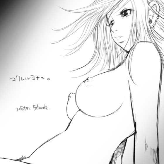 falcoon, original, 1girl, breasts, female focus, female pubic hair, gradient background, greyscale, monochrome, nipples, pubic hair, simple background, solo, white background
