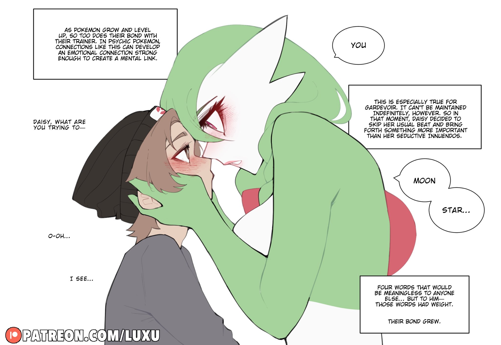 luxu, daisy (luxu), gardevoir, nintendo, pokemon, highres, 1boy, 1girl, artist name, black hat, blush, brown hair, colored skin, from side, gen 3 pokemon, green hair, green skin, grey shirt, hands on another's cheeks, hands on another's face, hat, multicolored skin, parted lips, patreon username, pokemon (creature), shirt, simple background, two-tone skin, white background, white skin