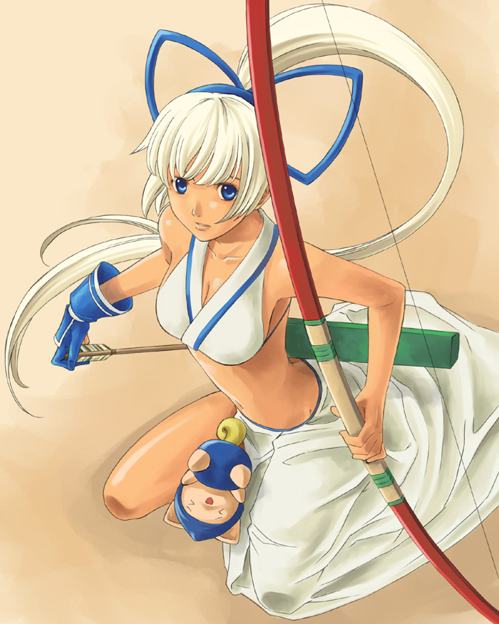 ryou (pixiv22748), champloo, champuru, majikina mina, samurai spirits, snk, 1girl, arrow (projectile), blue eyes, bow (weapon), breasts, cleavage, female focus, long hair, medium breasts, ponytail, solo, weapon, white hair