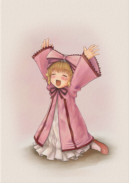 shirayuki shoushirou, hinaichigo, rozen maiden, 00s, 1girl, arms up, blonde hair, bow, closed eyes, dress, female focus, happy, kneeling, open mouth, petite, pink bow, pink shoes, shoes, smile, solo