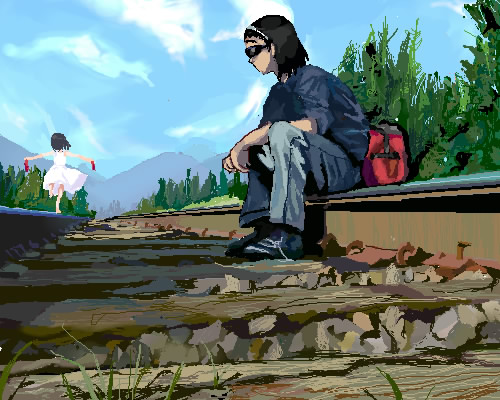 sora (efr), harima kenji, school rumble, lowres, 00s, 1boy, 1girl, balancing, cloud, day, denim, forest, jeans, nature, oekaki, pants, railroad tracks, sitting, sky, sunglasses, train