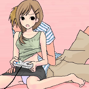 super famicom, lowres, 1boy, 1girl, barefoot, breasts, feet, game console, grabbing another's breast, groping, hair ornament, hairclip, hetero, oekaki, panties, pantyshot, playing games, sitting, small breasts, solo focus, super nintendo, superfamicom, underwear, video game, white panties
