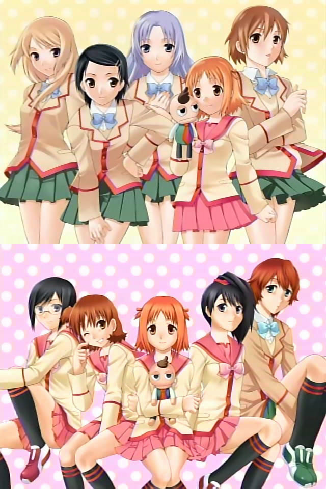 cyndi manabe, ginga kuon, hida sayuri, ichikawa mayura, izumi kaori, jinguuji kanade, kinjo nanaho, kinjou nanaho, pucchan, randou rino, tsunomoto rein, gokujou seitokai, light purple hair, anime screenshot, 00s, 6+girls, asymmetrical hair, black hair, blonde hair, bow, brown hair, everyone, glasses, holding, kneehighs, leg lift, long hair, multiple girls, one eye closed, orange hair, shoes, short hair, side ponytail, sitting, skirt, smile, sneakers, socks, standing, wink