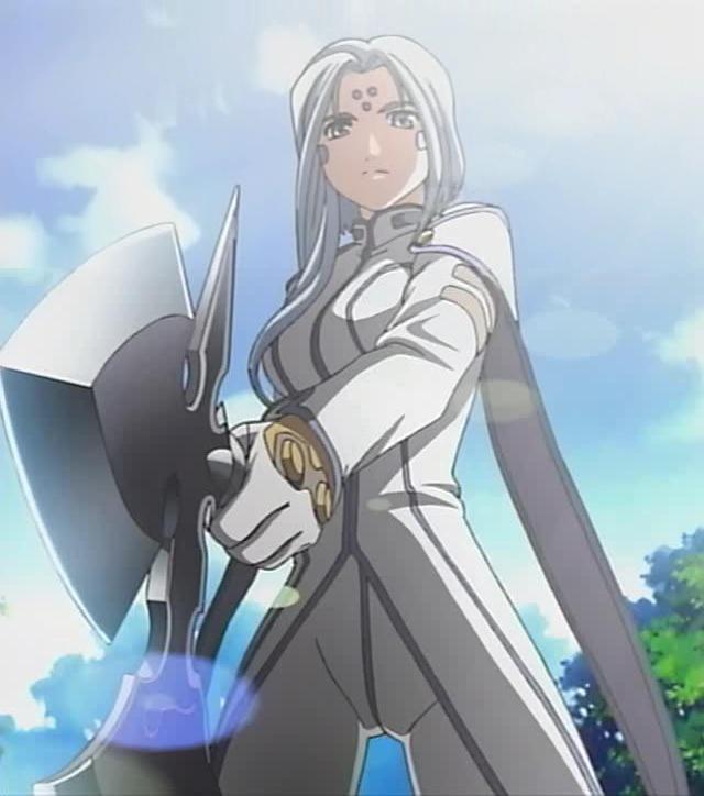 lind, aa megami-sama, anime screenshot, 1990s (style), 1girl, asymmetrical hair, axe, facial mark, female focus, forehead mark, long hair, polearm, retro artstyle, solo, weapon