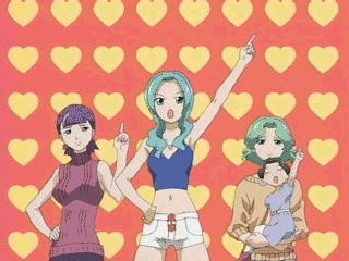 kinjou ururu, misugi ayaka, misugi nori, tanishima yuki, okusama wa mahou shoujo, white legwear, animated, animated gif, anime screenshot, lowres, 00s, 4girls, :d, :o, ^ ^, age difference, aqua hair, arm up, bare shoulders, belt, black hair, blue shirt, blunt bangs, breasts, bun cover, camisole, carrying, clenched hand, closed eyes, closed mouth, cowboy shot, dancing, double bun, dress, fist pump, green hair, hair bun, hand up, happy, heart, heart background, index finger raised, jewelry, long hair, long sleeves, looking at viewer, mature female, medium breasts, messy hair, midriff, mother and daughter, multiple girls, navel, necklace, open mouth, pantyhose, parted lips, pendant, purple hair, purple sweater, qvga, raised fist, red background, shirt, shoes, short dress, short hair, short shorts, short sleeves, shorts, sidelocks, sitting, sleeveless, sleeveless turtleneck, smile, spread legs, standing, sweater, turtleneck, wavy hair, white shorts, yellow sweater
