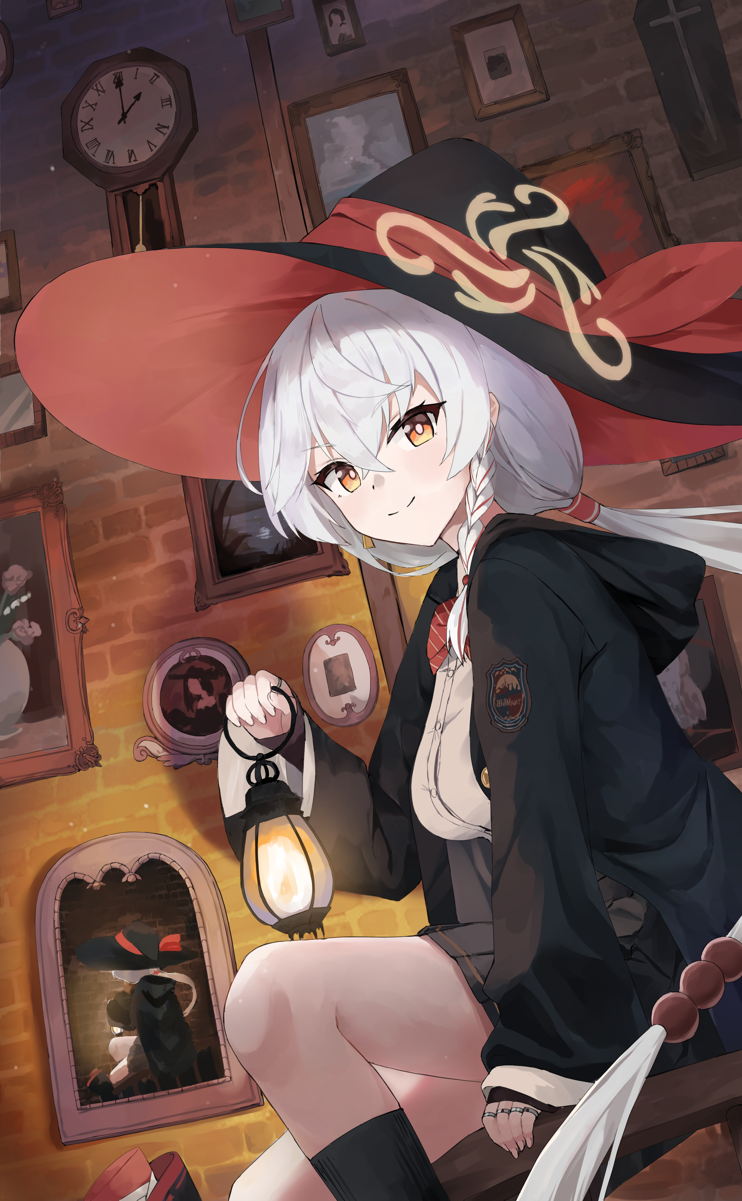 eri (blue archive), blue archive, painting, bow, bowtie, braid, brick wall, clock, earrings, grandfather clock, gun, halo, hat, holding, holding lantern, jacket, jewelry, lanter, lantern, long coat, long hair, orange eyes, room, shirt, skirt, sleeves past wrists, sweater, weapon, white hair, witch hat