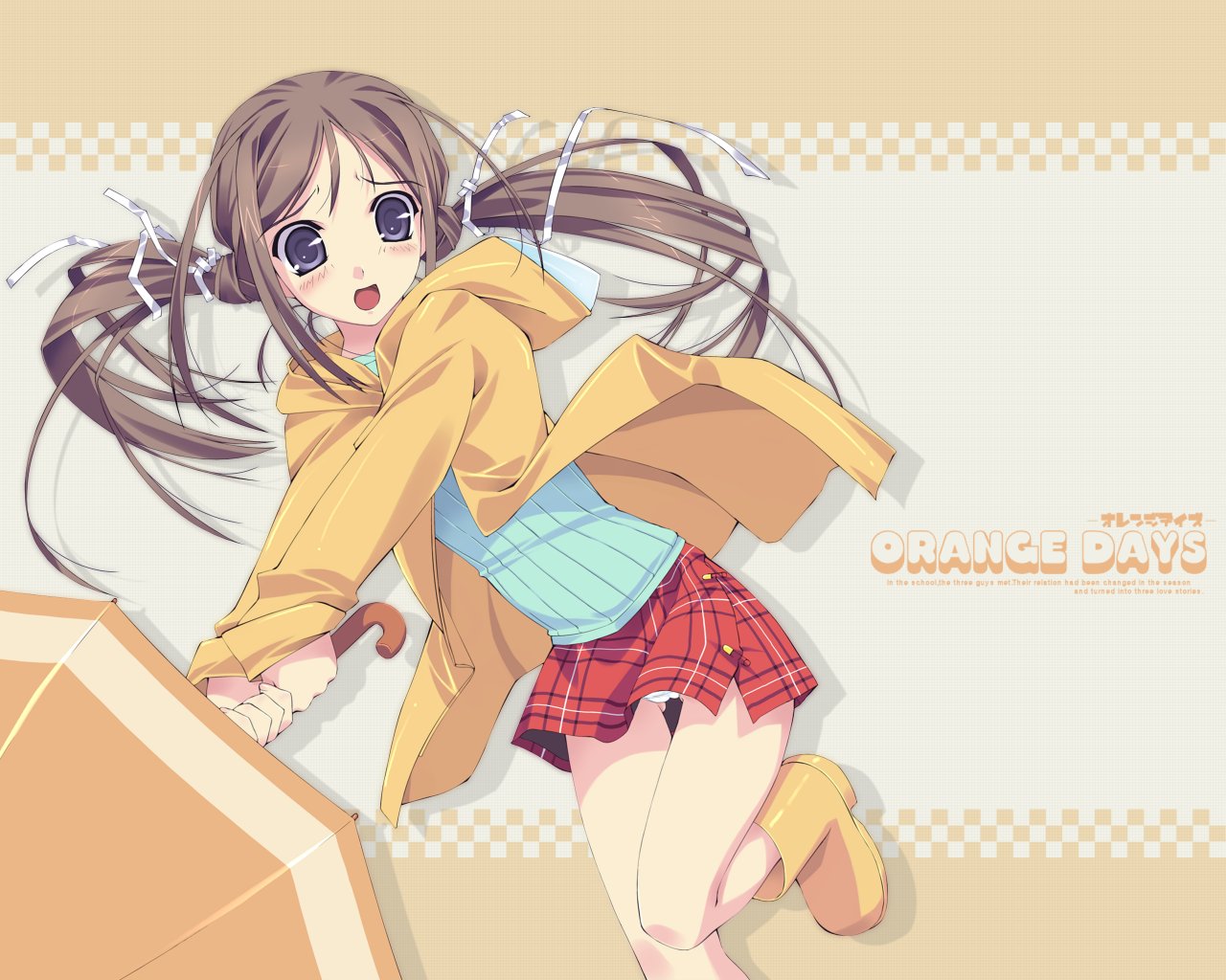 murakami suigun, 1girl, blue eyes, blush, boots, brown hair, female focus, hair ribbon, holding, holding umbrella, long hair, miniskirt, open mouth, panties, pantyshot, plaid clothes, plaid skirt, raincoat, ribbon, rubber boots, skirt, solo, twintails, umbrella, underwear, white panties, white ribbon, wind, yellow boots, yellow raincoat