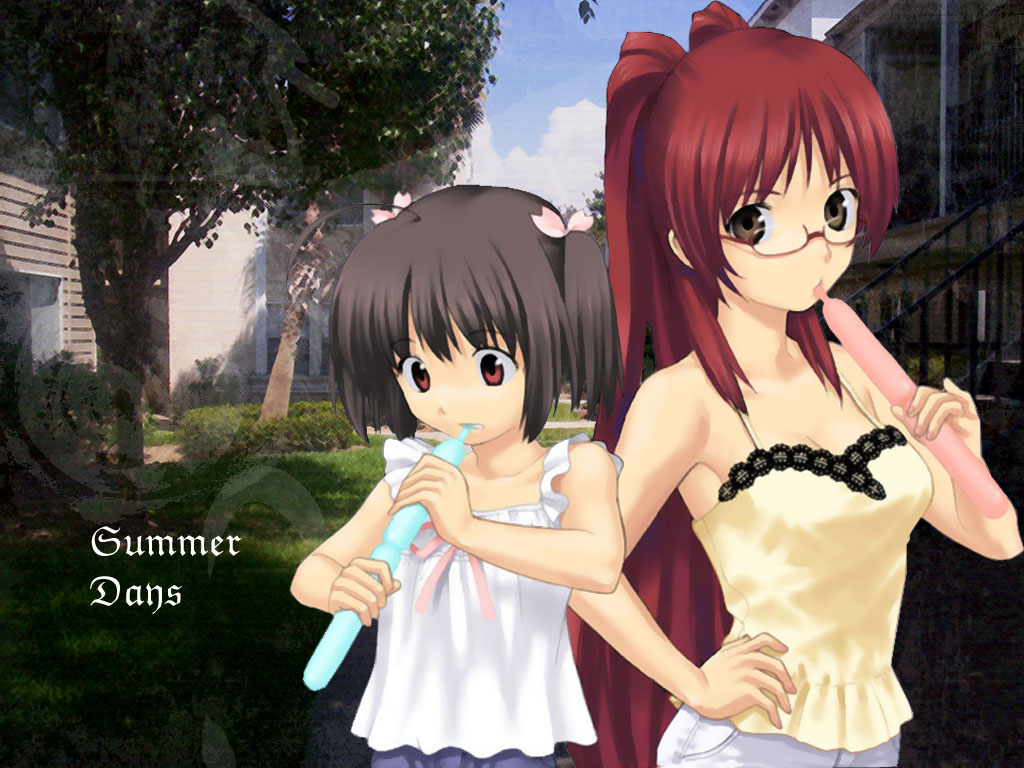takenashi eri, kousaka tamaki, yuzuhara konomi, to heart (series), to heart 2, third-party edit, 00s, 2girls, ahoge, armpits, bare shoulders, black hair, bow, breasts, brown eyes, building, camisole, casual, cleavage, clenched teeth, cloud, day, drinking, flat chest, glasses, grass, hair ribbon, hand on own hip, hip focus, lace, long hair, medium breasts, multiple girls, nature, outdoors, photo background, red eyes, red hair, ribbon, short hair, short twintails, sky, teeth, tree, tupet, twintails, very long hair