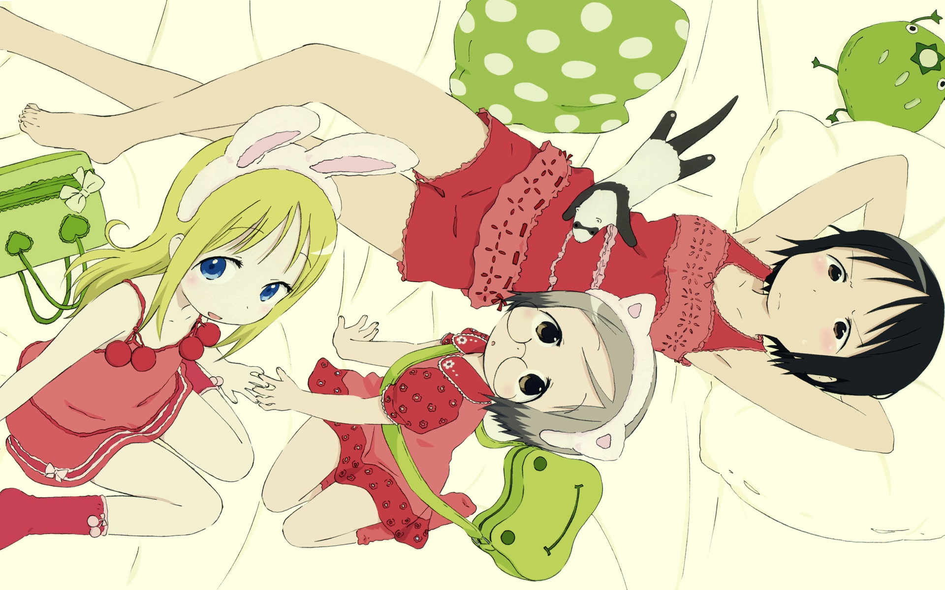 ana coppola, itou nobue, john, sakuragi matsuri, ichigo mashimaro, highres, 3girls, animal ears, blonde hair, blue eyes, cat ears, child, ferret, glasses, long hair, multiple girls, rabbit ears, short hair