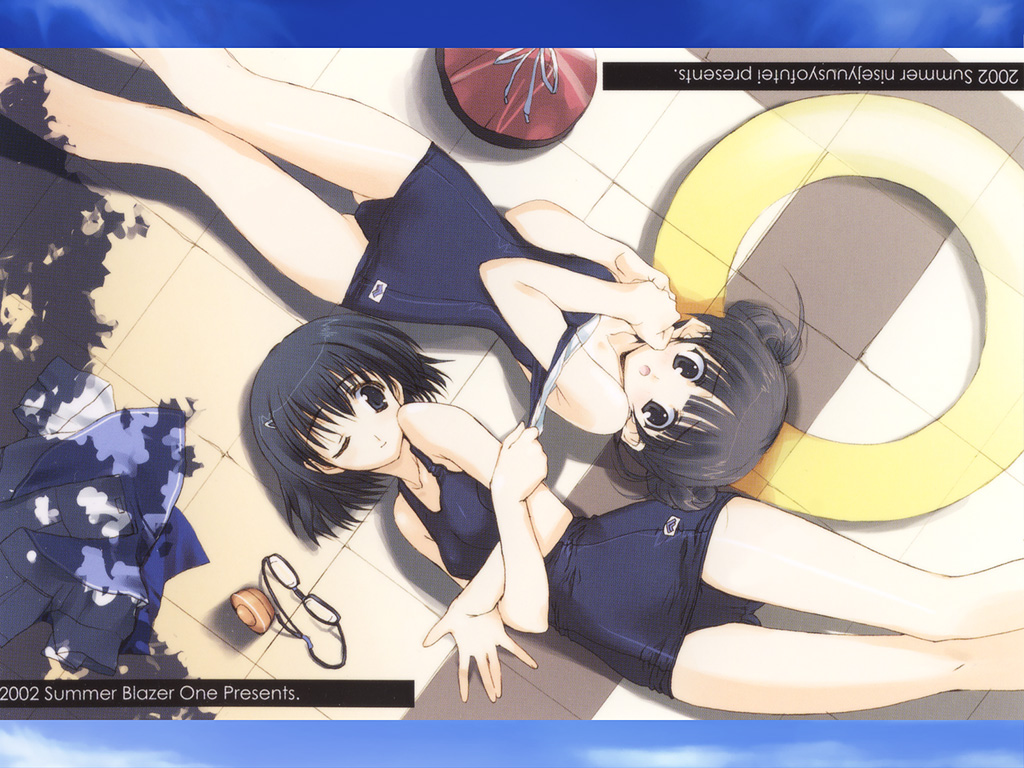 mitsumi misato, original, clothes, 00s, 2002, 2girls, :o, black eyes, black hair, blue eyes, blue hair, blush, clothes pull, crossed arms, double bun, dutch angle, goggles, hair bun, innertube, multiple girls, one-piece swimsuit, one-piece swimsuit pull, one eye closed, pulling another's clothes, rotational symmetry, school swimsuit, school uniform, serafuku, shade, short hair, smile, swim ring, swimsuit, thigh gap, thighs, upside-down, wink