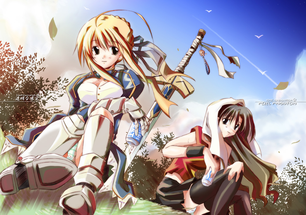 artoria pendragon (fate), saber (fate), tohsaka rin, fate/stay night, fate (series), torn legwear, 00s, 2girls, ahoge, armor, armored dress, black thighhighs, boots, can, dress, excalibur (fate/stay night), greaves, green panties, miniskirt, multiple girls, panties, pantyshot, shirt, sitting, skirt, sleeveless, sleeveless shirt, striped clothes, striped panties, sword, thighhighs, torn clothes, underwear, weapon, white panties, zettai ryouiki
