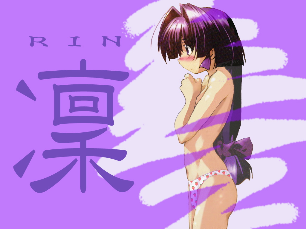 kamishiro rin, maburaho, 00s, 1girl, blush, female focus, food, food print, fruit, fruit print, hair ribbon, long hair, low-tied long hair, panties, print panties, purple eyes, purple hair, ribbon, solo, strawberry, strawberry panties, strawberry print, topless female, underwear, underwear only