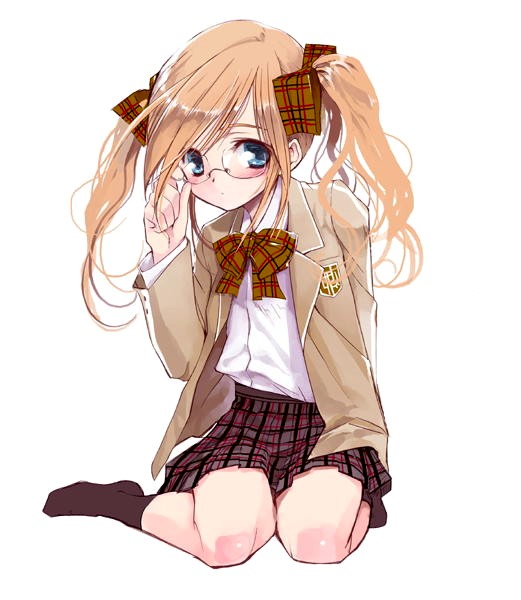 koin (foxmark), original, light brown hair, 1girl, adjusting eyewear, arm behind back, blazer, blue eyes, blush, bow, bowtie, breast pocket, brown bow, buttoned cuffs, buttons, female focus, glasses, hair ribbon, jacket, no shoes, plaid bow, plaid bowtie, plaid clothes, plaid skirt, pleated skirt, pocket, ribbon, round eyewear, school uniform, simple background, sitting, skirt, socks, solo, twintails, yokozuwari