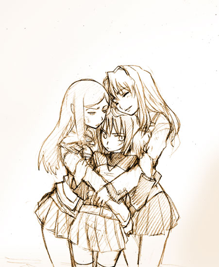 fujino shizuru, kuga natsuki, yuuki nao, my-hime, 00s, 3girls, brown theme, holding, monochrome, multiple girls