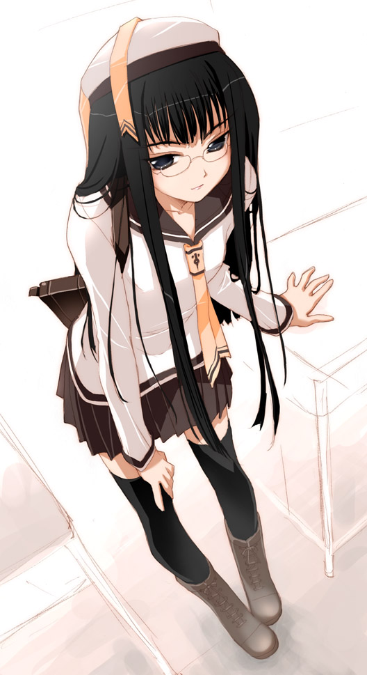 akata itsuki, original, 1girl, beret, black hair, black thighhighs, boots, brown boots, brown hat, female focus, glasses, hand on own thigh, hat, lace-up boots, long hair, miniskirt, pleated skirt, ribbon, school uniform, serafuku, sidelocks, skirt, solo, thighhighs, white hat, zettai ryouiki