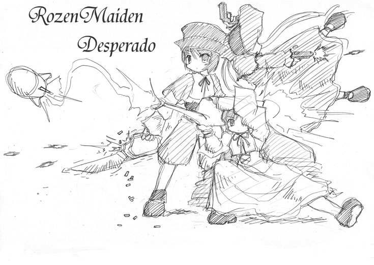 naruse mamoru, shinku, souseiseki, suiseiseki, rozen maiden, 00s, 3girls, greyscale, gun, heterochromia, monochrome, multiple girls, siblings, sisters, twins, weapon