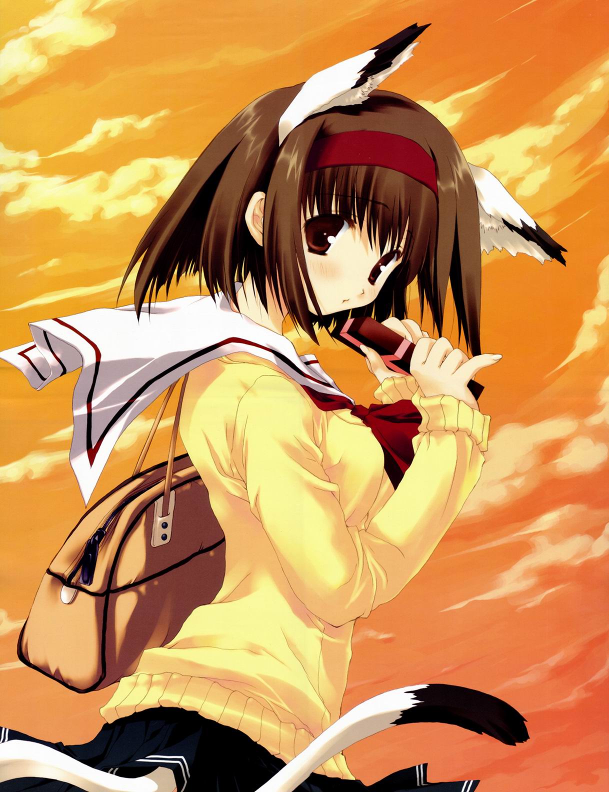 mitsumi misato, original, highres, 1girl, animal ears, brown hair, cat ears, cat tail, female focus, hairband, outdoors, pleated skirt, school uniform, serafuku, short hair, skirt, sky, solo, sweater, tail