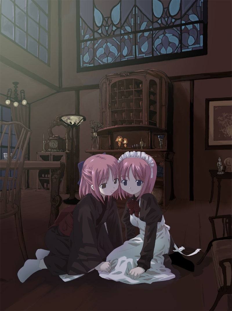 houmitsu, hisui (tsukihime), kohaku (tsukihime), tsukihime, 00s, 2girls, apron, bow, dining room, kneeling, long sleeves, maid, maid apron, maid headdress, multiple girls, siblings, sisters, stained glass, twins