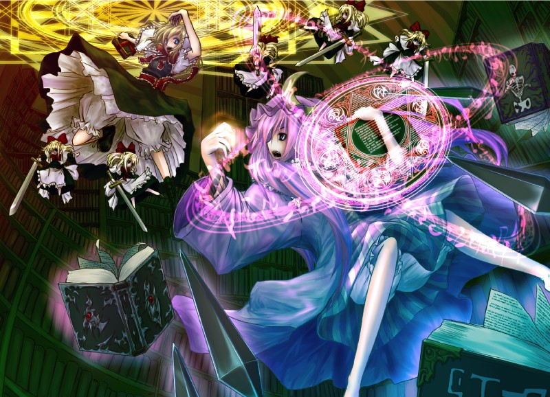 beshi, alice margatroid, patchouli knowledge, touhou, duplicate, 2girls, battle, blonde hair, bloomers, blue eyes, book, bookshelf, bow, crescent, crystal, doll, dress, female focus, floating book, flying, frills, hair bow, hair ribbon, hat, hexagram, library, long hair, magic, magic circle, multiple girls, necktie, open mouth, purple eyes, purple hair, ribbon, short hair, sword, underwear, voile, weapon